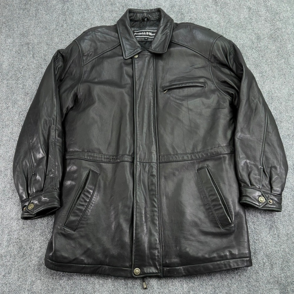 Preswick Moore Leather Jacket Mens Medium‎ Black Quilted Lined Genuine Zip Coat